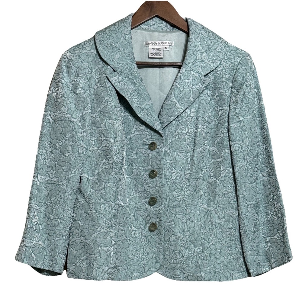 Maggie‎ London Jacket Blazer Top 10 Mint Green Metallic Floral Careercore Button
